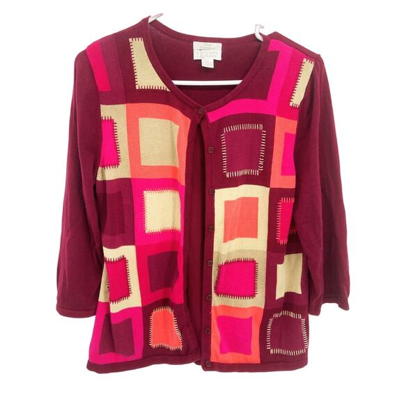 Christopher & Banks Maroon Multicolor Block Cardigan Sweater Grandmacore Size L - Picture 1 of 7